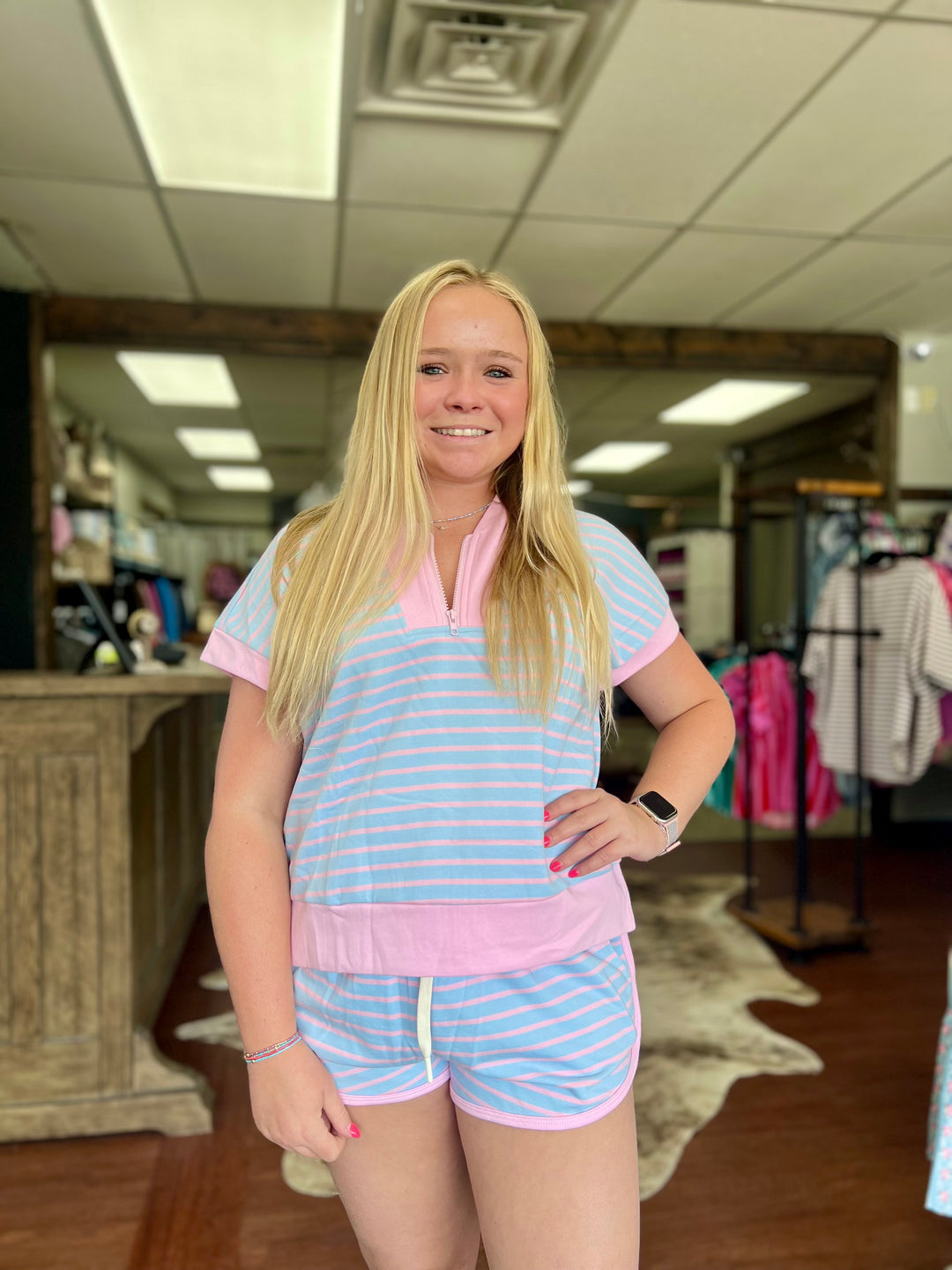 HALF ZIP UP STRIPED TOP AND SHORTS SETS