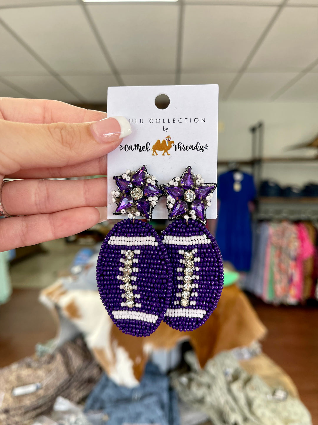 Purple Beaded Football Earrings