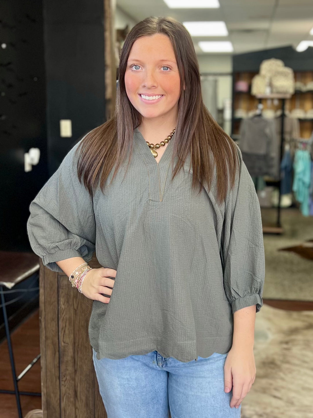 Scallop Hem Balloon Sleeve Blouse Top