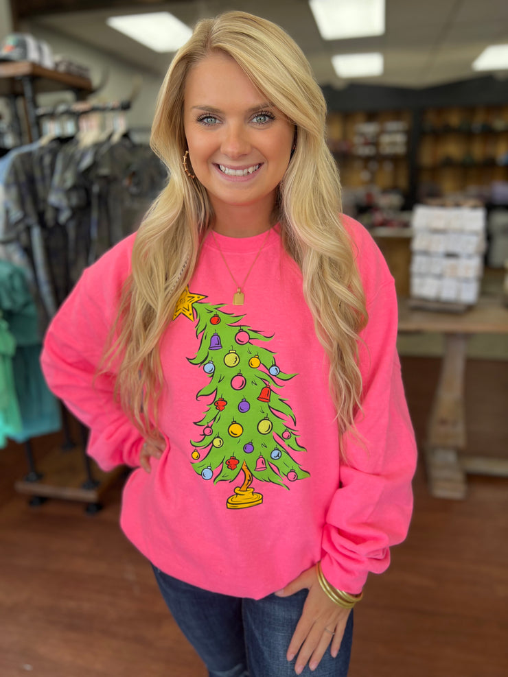 Neon Pink Christmas Tree Crewneck Sweatshirt