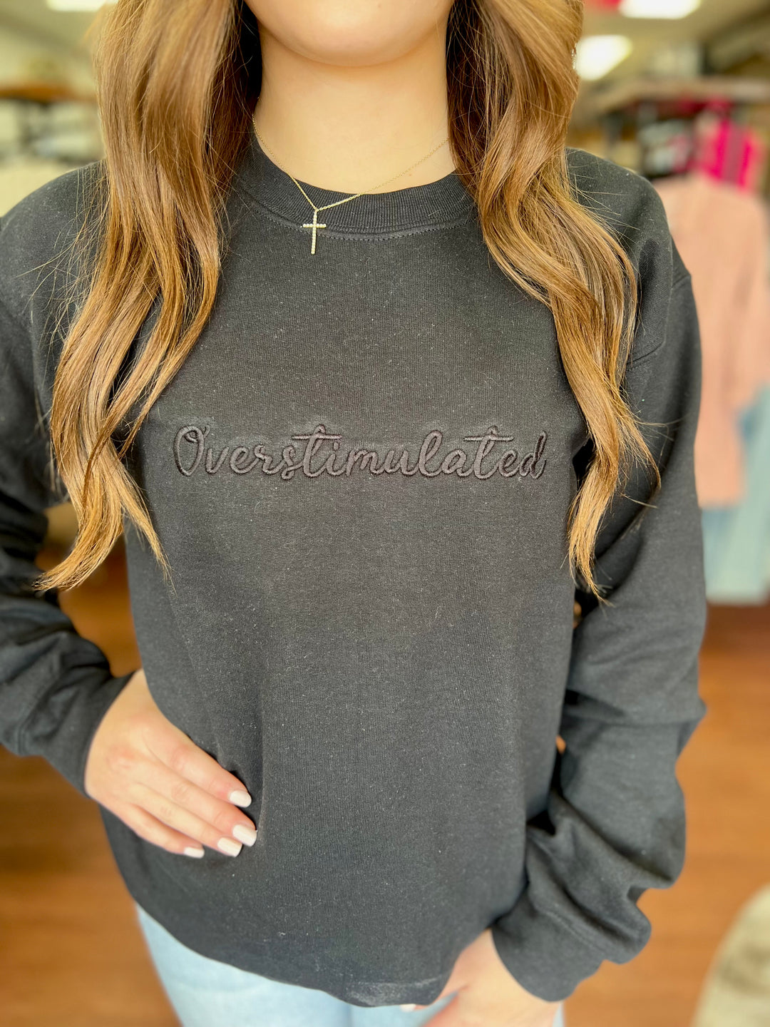 Overstimulated Black on Black Embroidered Crewneck Sweatshirt