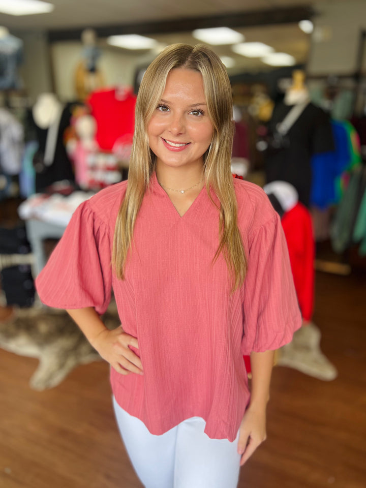 Rose Textured Puff Sleeve Blouse