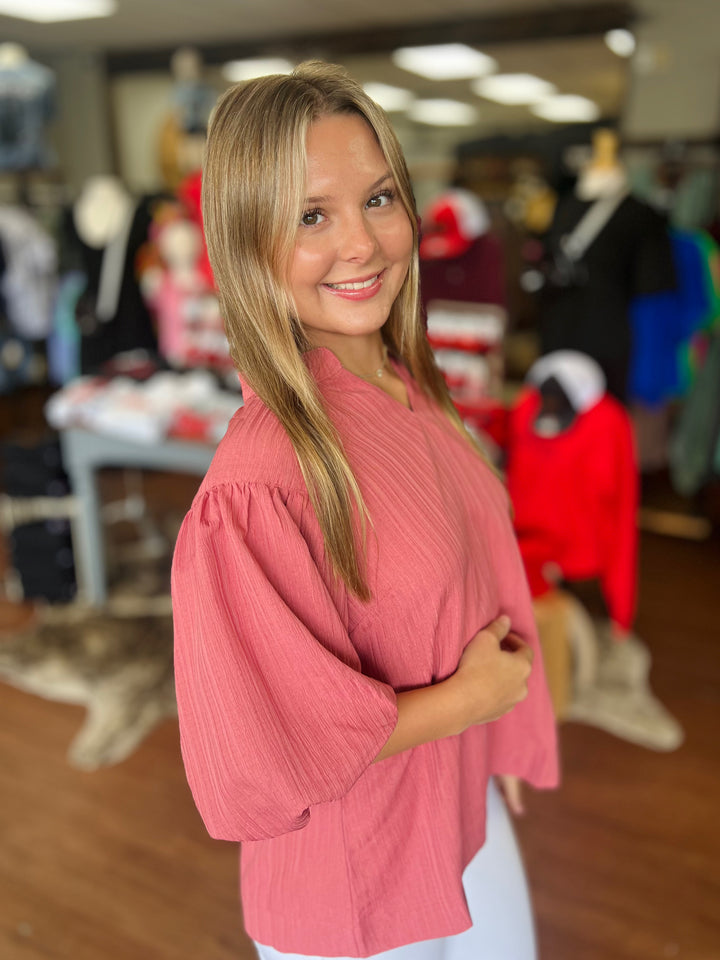 Rose Textured Puff Sleeve Blouse