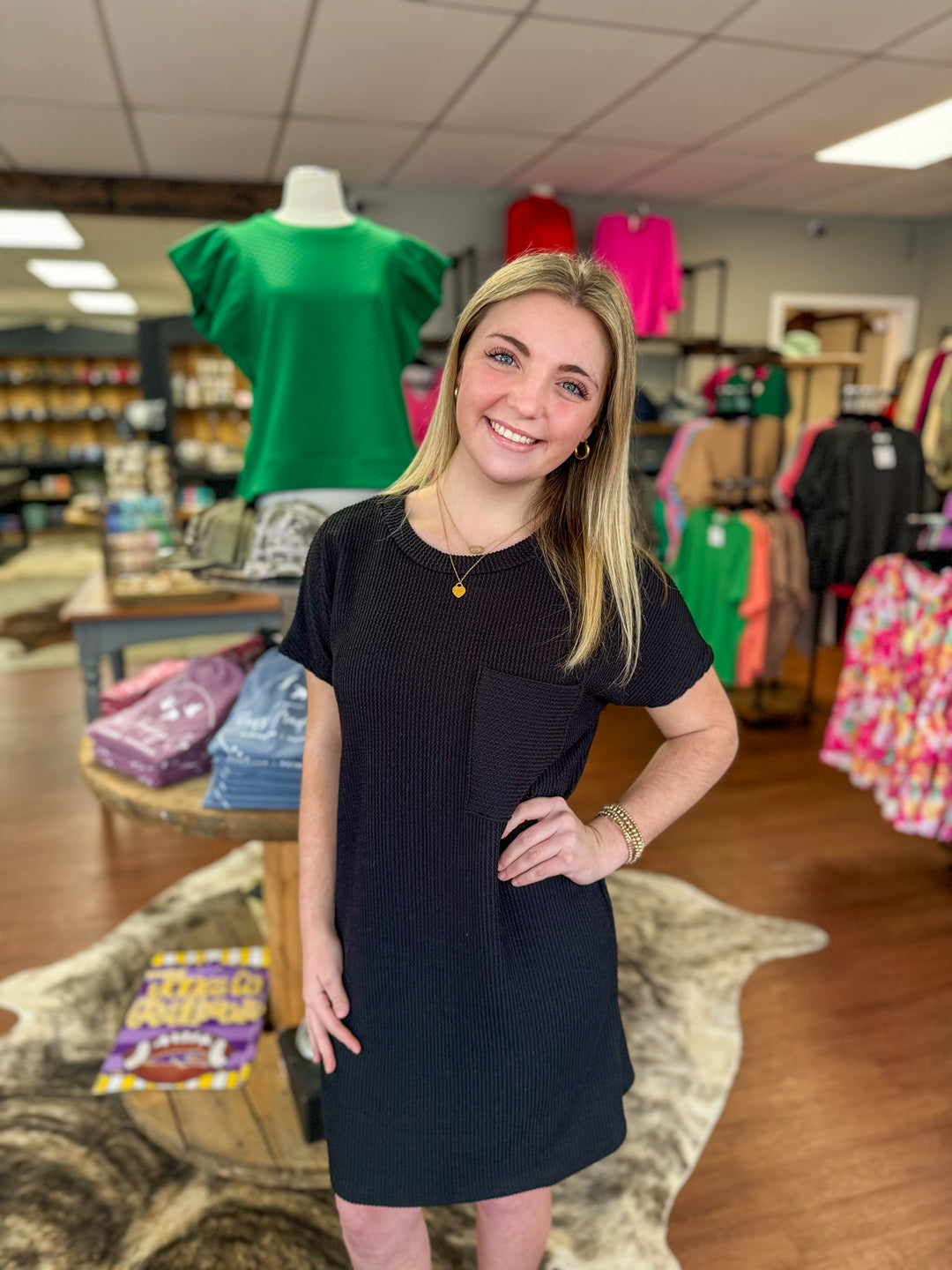 Black Ribbed Pocket Dress