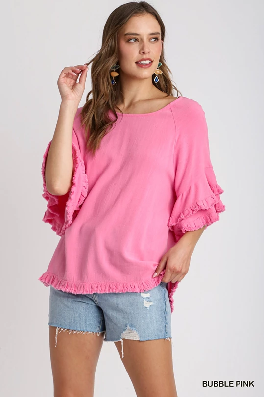 Linen Blend Layered Ruffle Short Sleeve with Frayed Hem