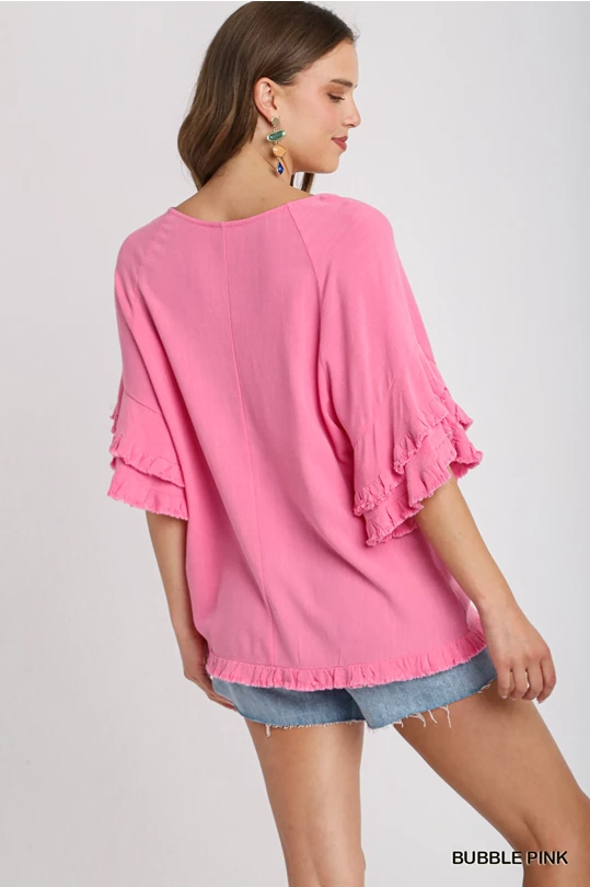 Linen Blend Layered Ruffle Short Sleeve with Frayed Hem