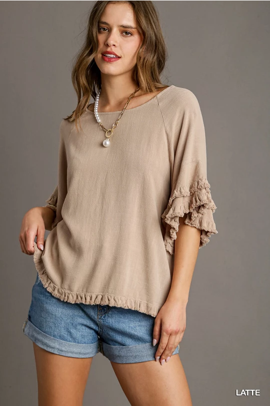 Linen Blend Layered Ruffle Short Sleeve with Frayed Hem