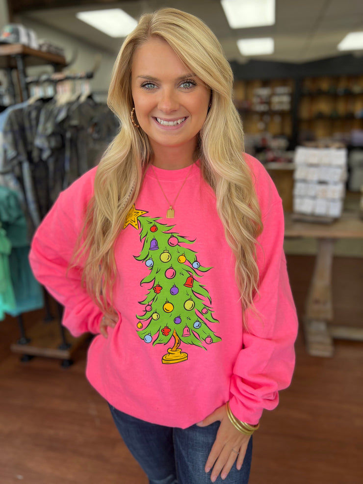 YOUTH Neon Pink Christmas Tree Crewneck Sweatshirt