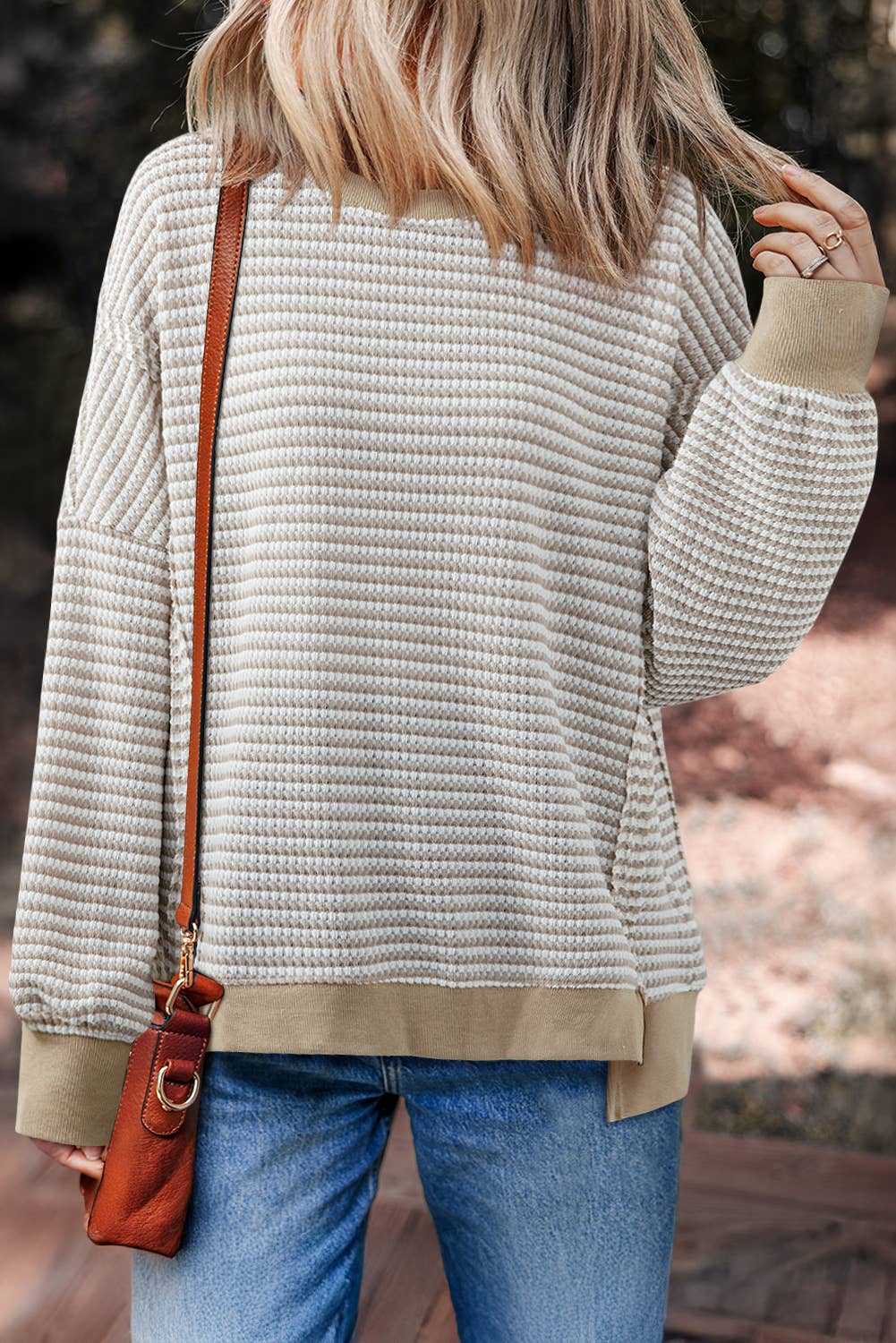 Stripe Ribbed Trim Long Sleeve Oversize Top