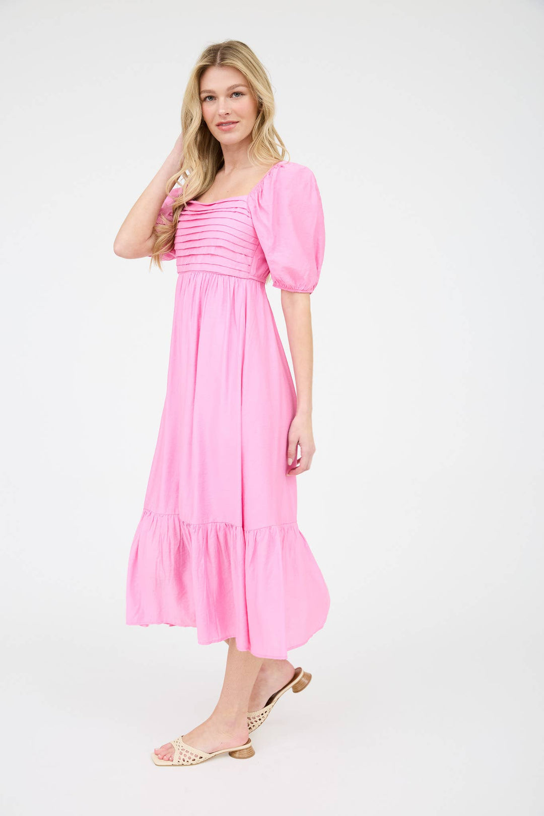 CHARLOTTE PLEATED EMPIRE WAIST PUFF SLEEVE MIDI DRESS