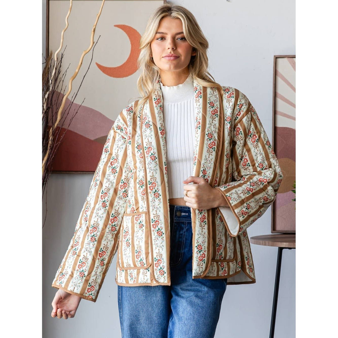 Quilted Stripe Flower Open Jacket