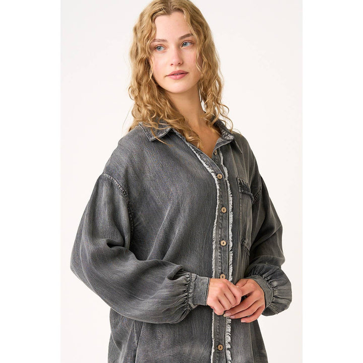 WASHED CHAMBRAY RAW EDGE FRILL BUTTON DOWN SHIRT