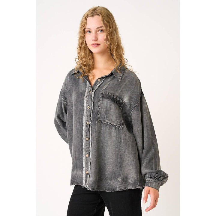 WASHED CHAMBRAY RAW EDGE FRILL BUTTON DOWN SHIRT