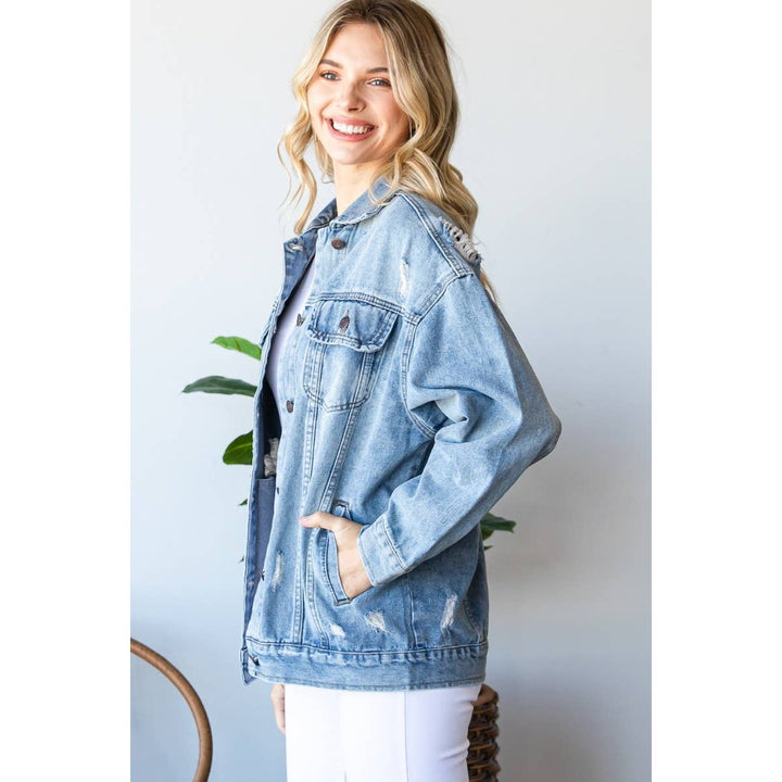 Plus Size Med Wash Distressed Classic Denim Jacket