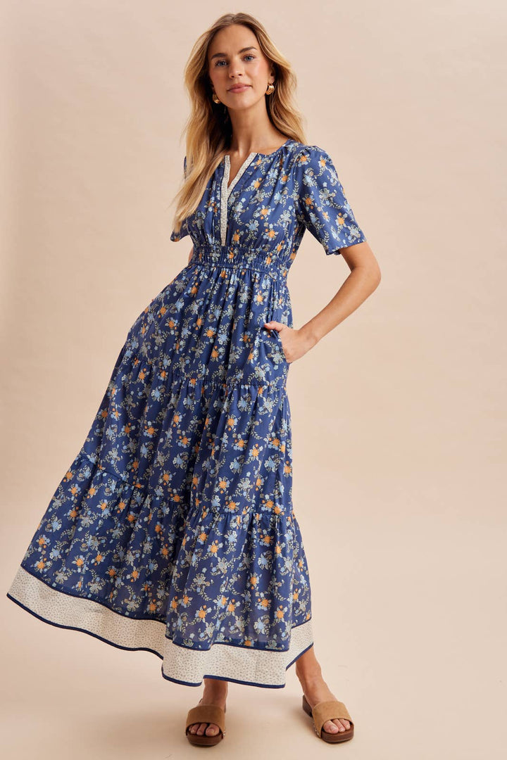COTTON FLORAL BORDERED MAXI DRESS