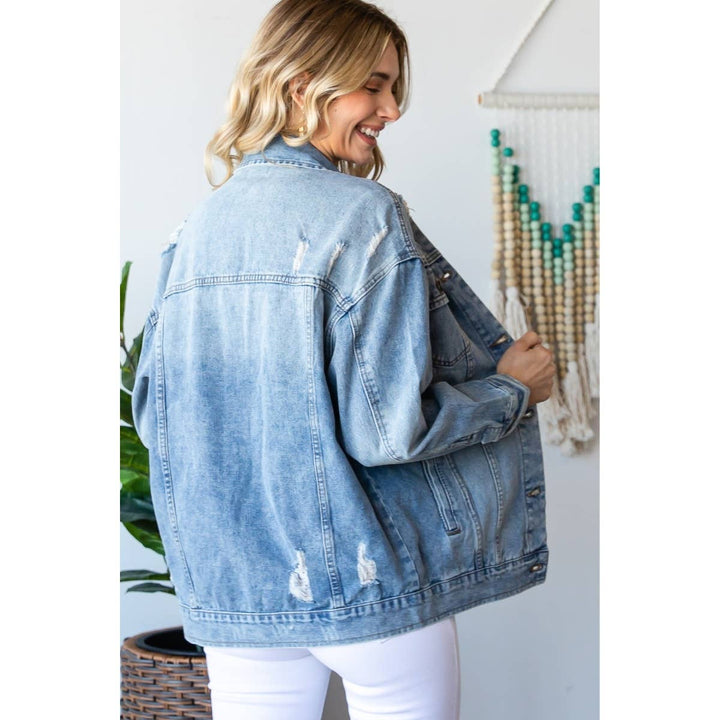 Plus Size Med Wash Distressed Classic Denim Jacket