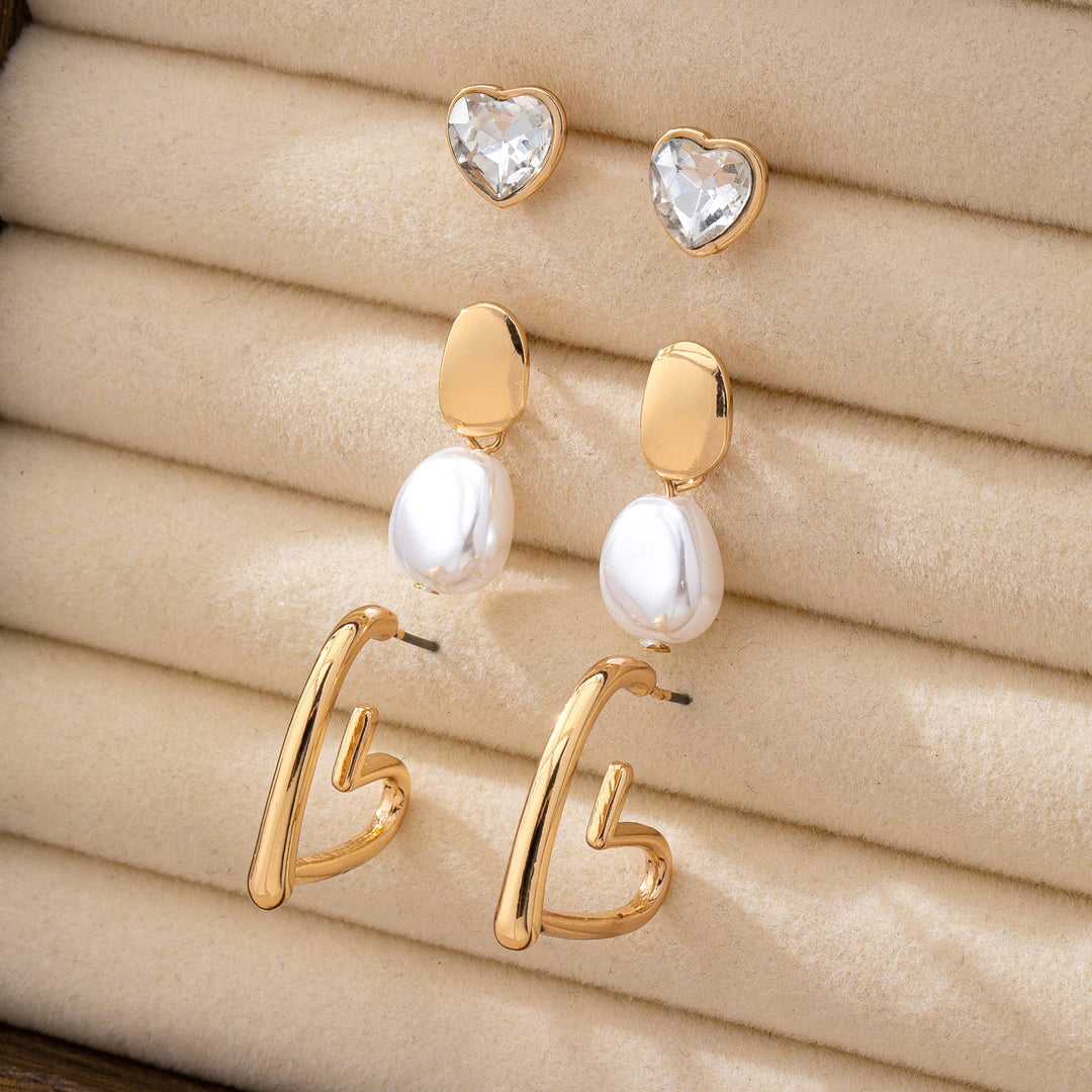 Trio Gold-Tone Pearl & Crystal Earring Set