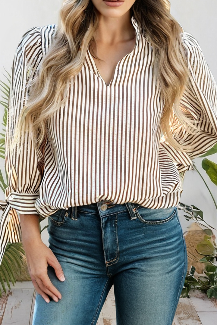 Striped VNeck Knot Bracelet Sleeve Blouse