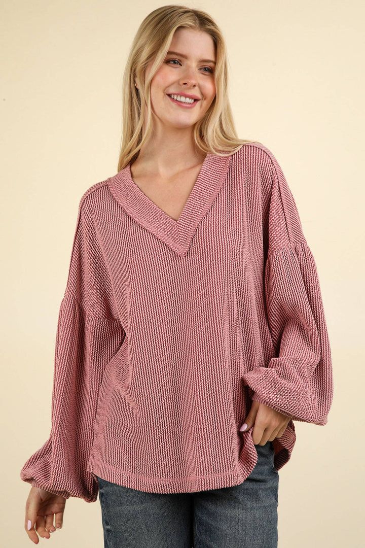 Two Tone Otto Ribbed V-Neck Oversized Knit Top