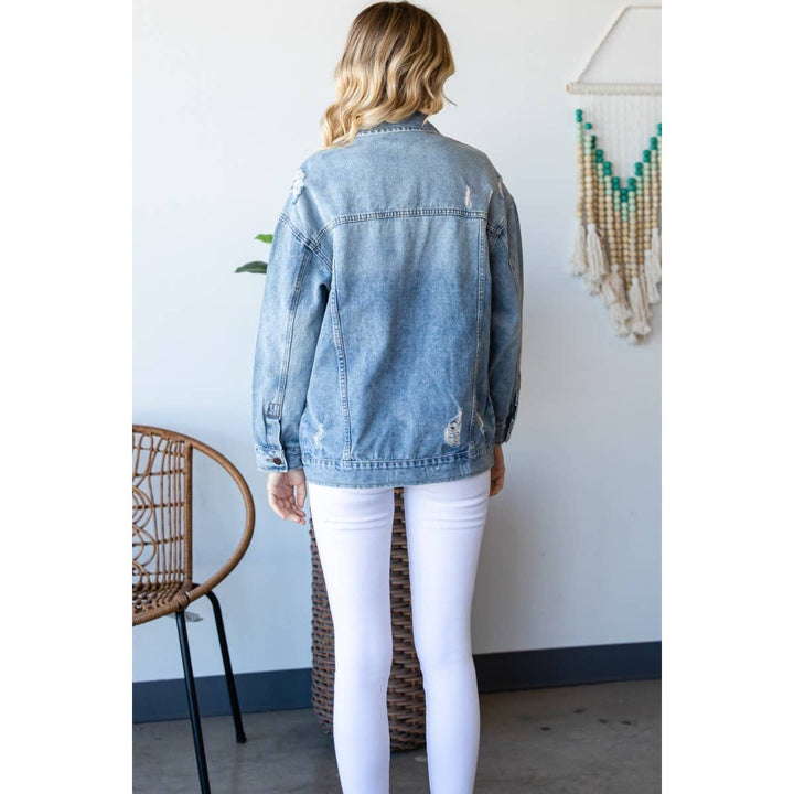 Plus Size Med Wash Distressed Classic Denim Jacket