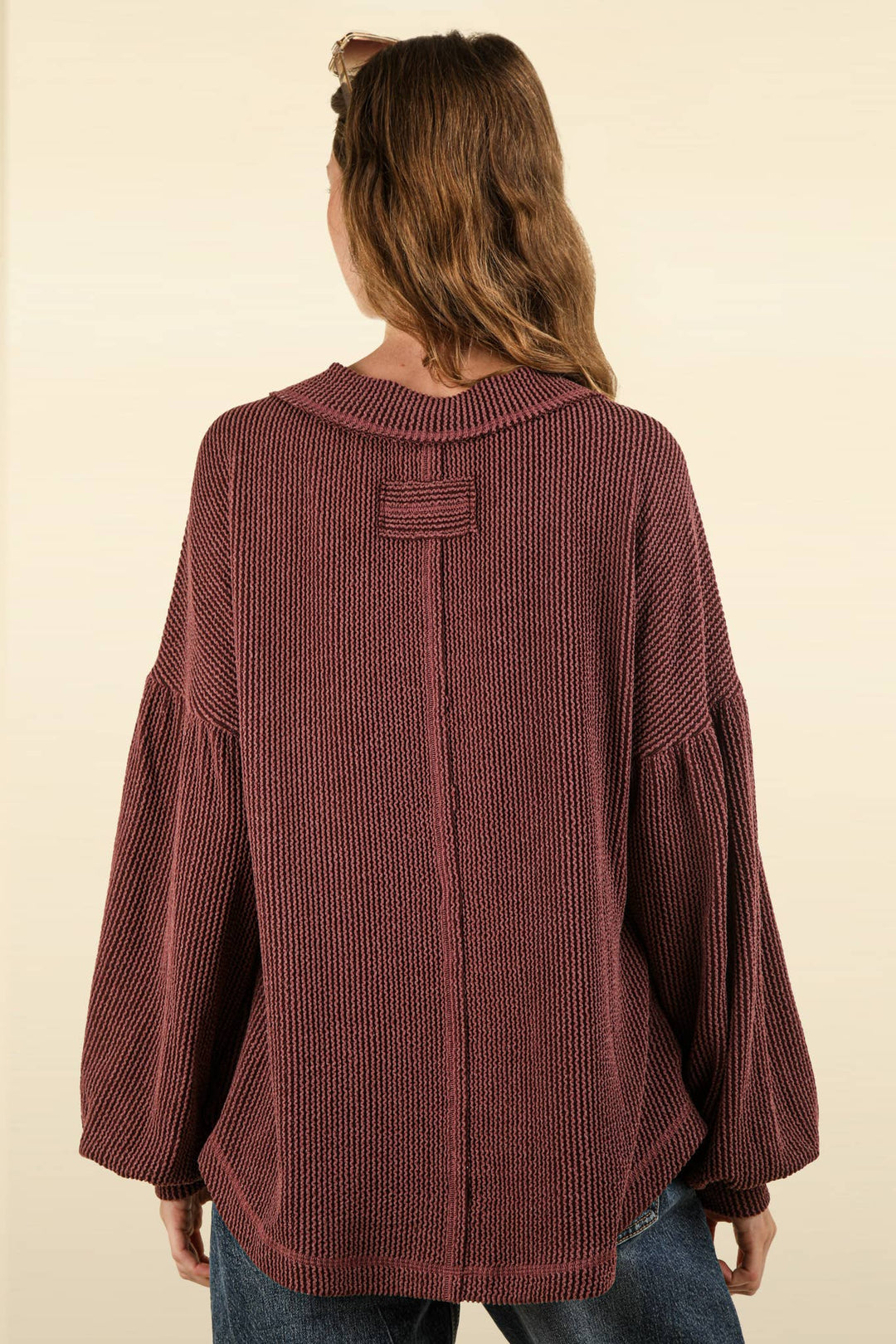 Two Tone Otto Ribbed V-Neck Oversized Knit Top