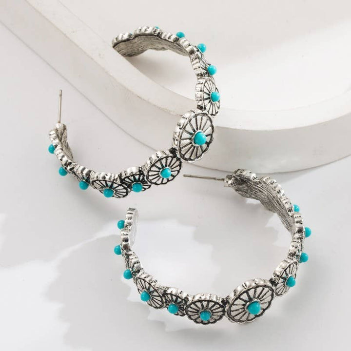 WESTERN TURQ STONE HOOP EARRINGS