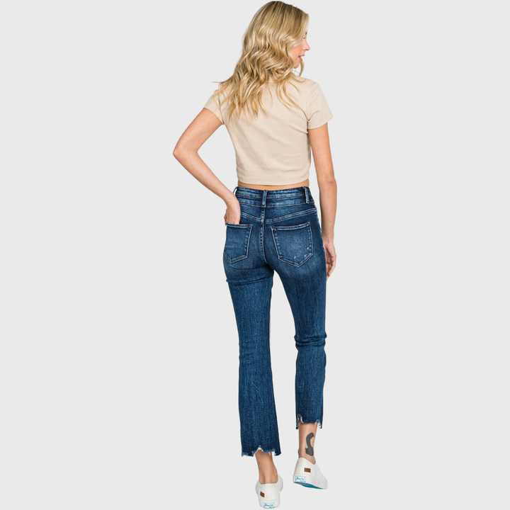 PETRA HIGH RISE CROP BOOTCUT JEANS W/ FRAYED HEM