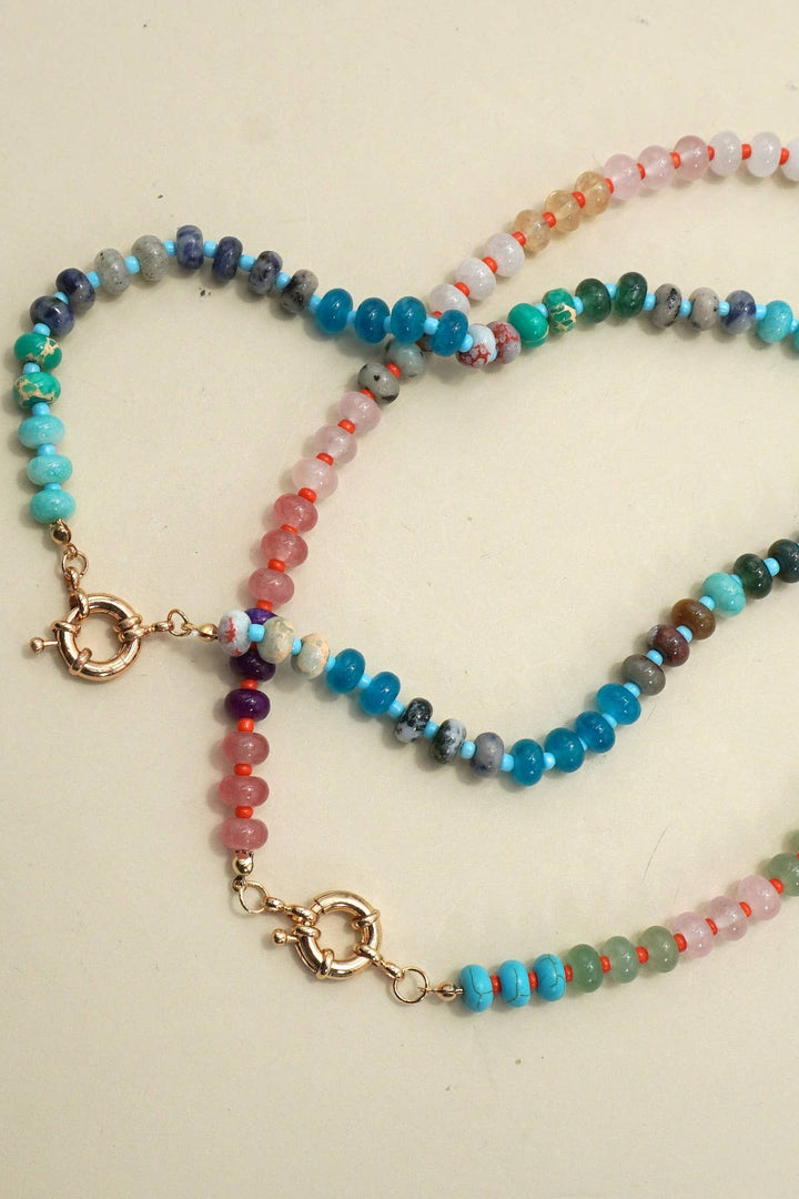 NATURAL STONE CHARM  SPRING CLASP BEADED NECKLACE | 40NK9467