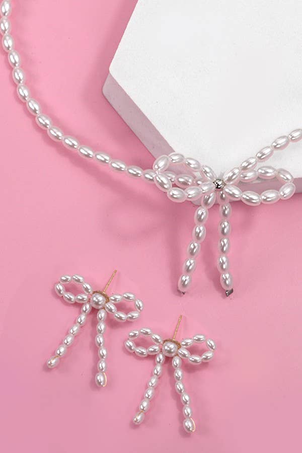 PEARL BEAD BOW RIBBON EARRINGS