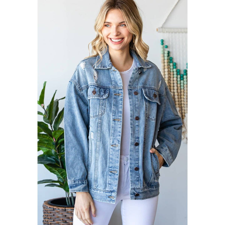 Plus Size Med Wash Distressed Classic Denim Jacket