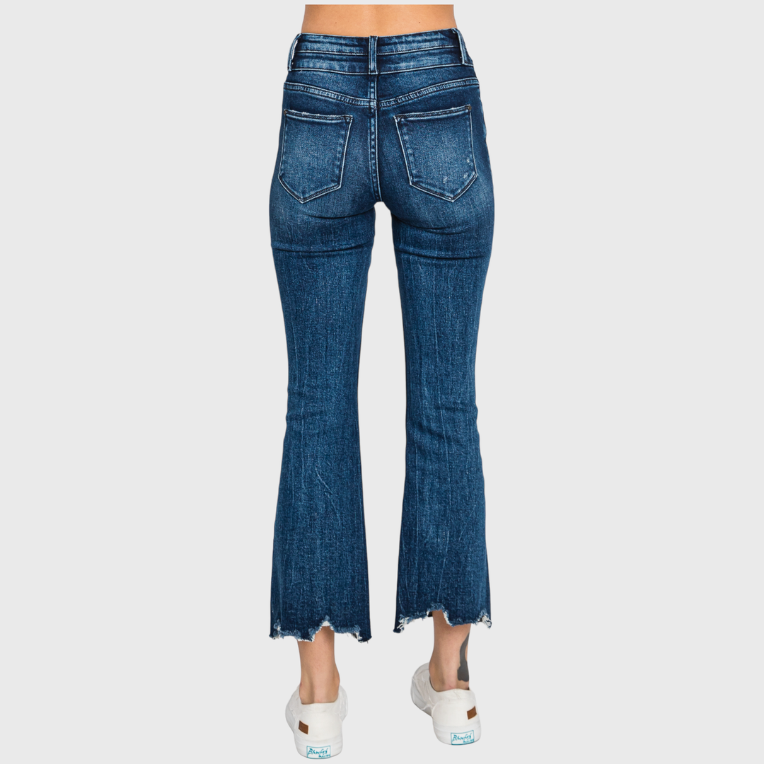 PETRA HIGH RISE CROP BOOTCUT JEANS W/ FRAYED HEM