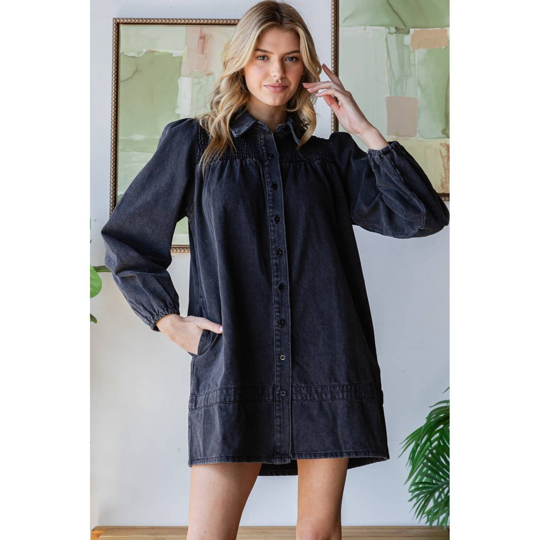 Smocked Shoulder Puff Sleeve Denim Shirt Dress