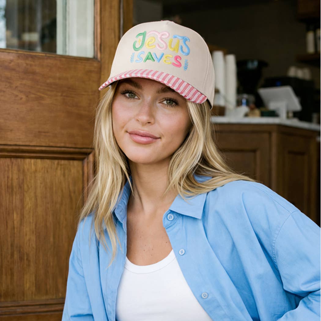 JESUS SAVES Embroidered Gingham Brim Trucker Hat