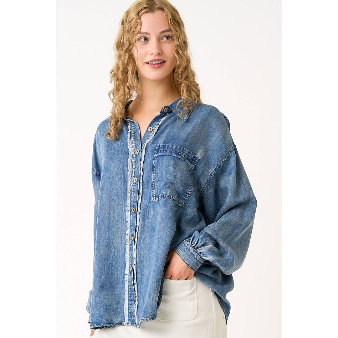 WASHED CHAMBRAY RAW EDGE FRILL BUTTON DOWN SHIRT