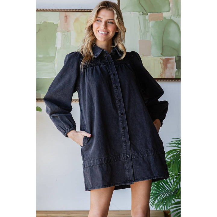 Smocked Shoulder Puff Sleeve Denim Shirt Dress