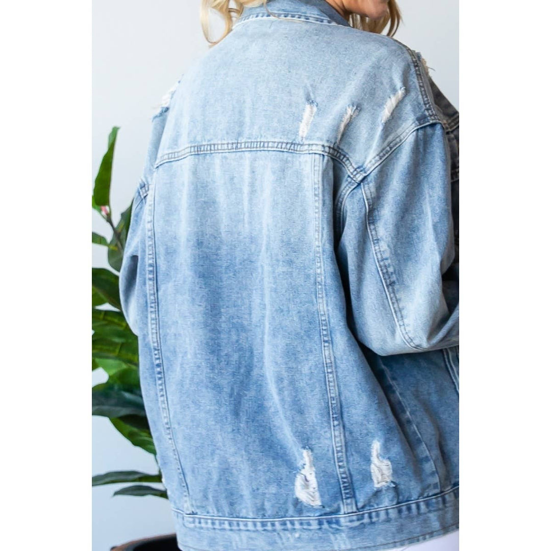 Plus Size Med Wash Distressed Classic Denim Jacket