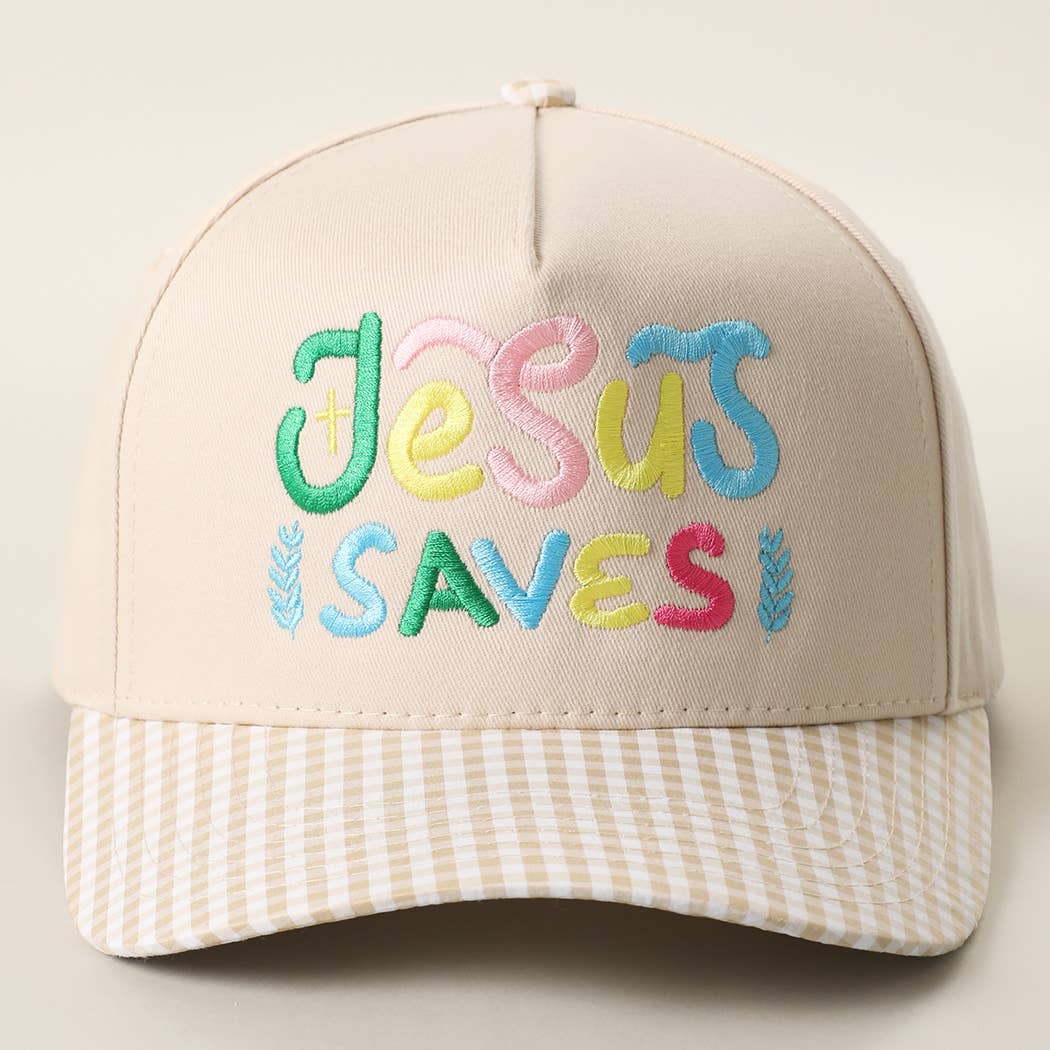 JESUS SAVES Embroidered Gingham Brim Trucker Hat