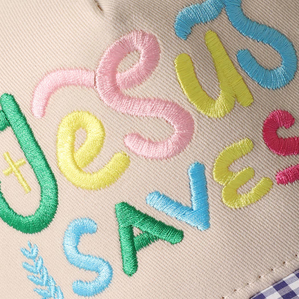 JESUS SAVES Embroidered Gingham Brim Trucker Hat