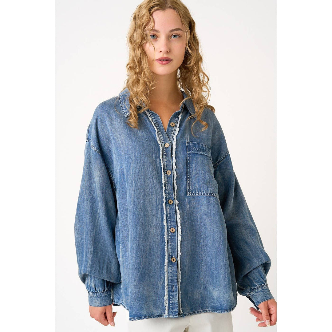 WASHED CHAMBRAY RAW EDGE FRILL BUTTON DOWN SHIRT