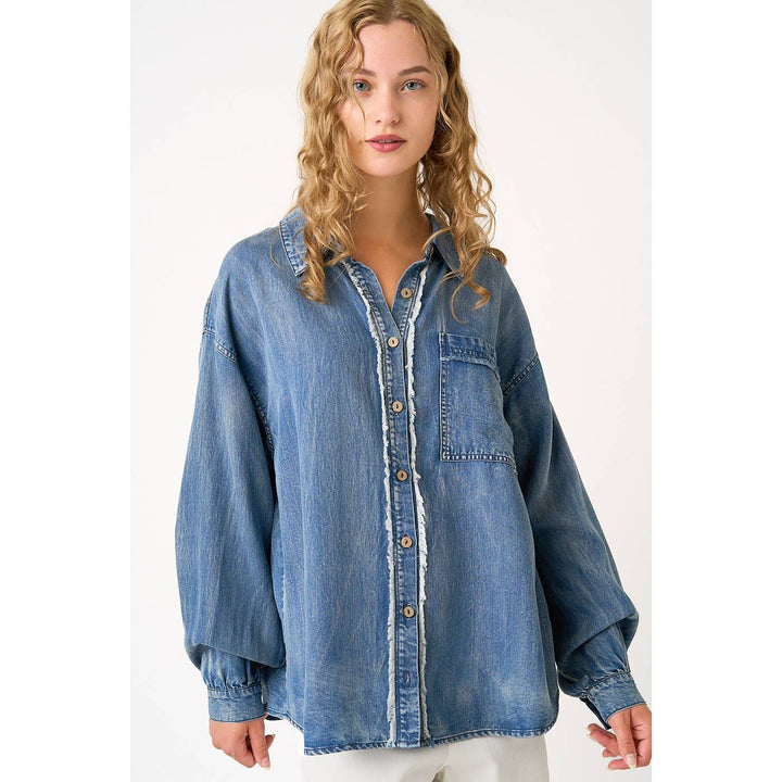 WASHED CHAMBRAY RAW EDGE FRILL BUTTON DOWN SHIRT