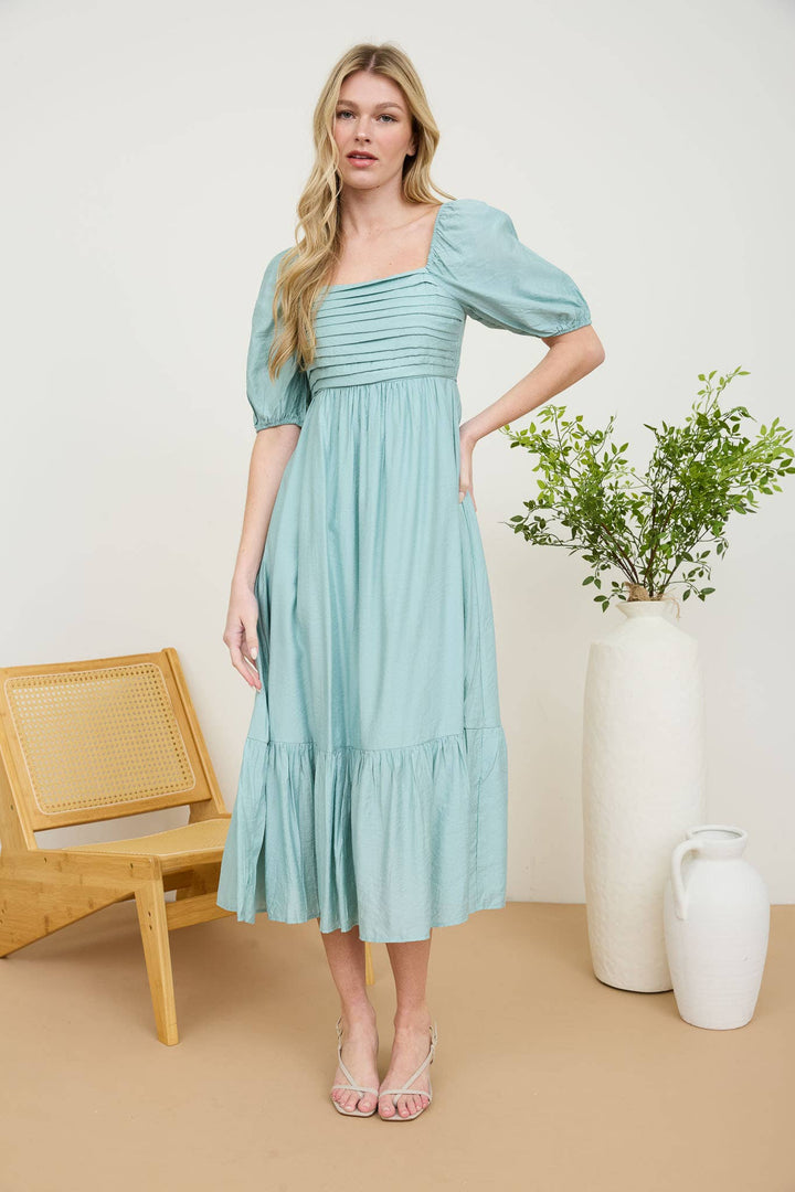 CHARLOTTE PLEATED EMPIRE WAIST PUFF SLEEVE MIDI DRESS