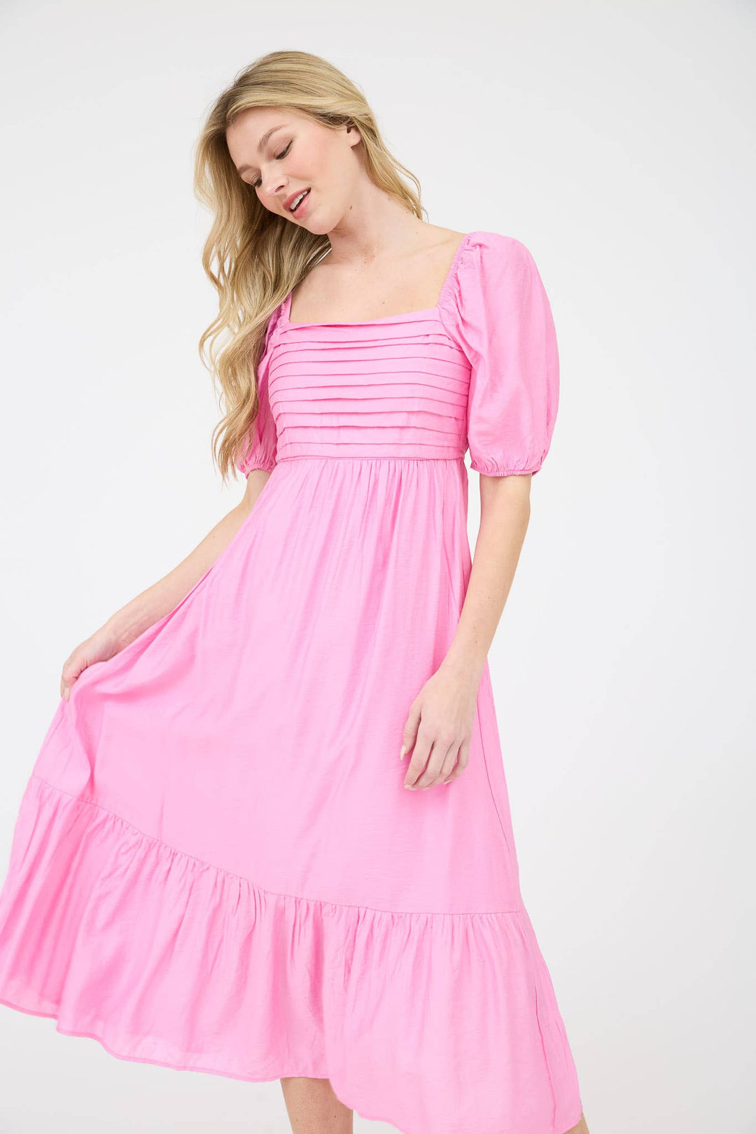 CHARLOTTE PLEATED EMPIRE WAIST PUFF SLEEVE MIDI DRESS