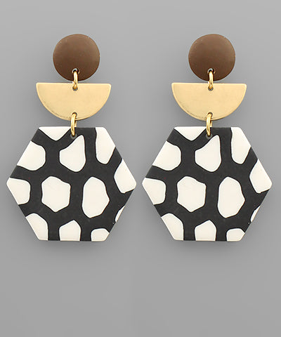 Abstract Print Hexagon Clay Earrings