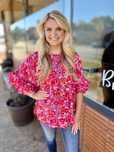 Hot Pink Floral Ruffle Sleeve Top