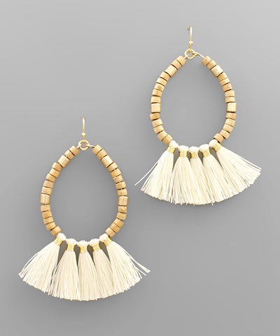 Wood Bead Teardrop & Tassel Earrings