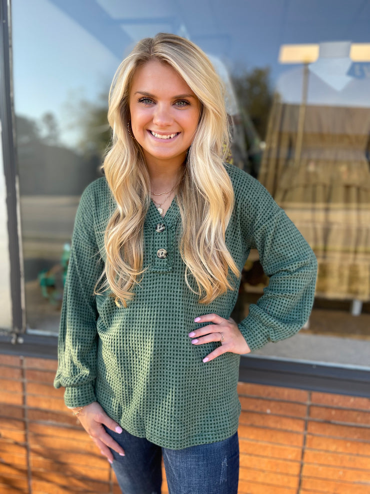 Green Waffle Top with Buttons