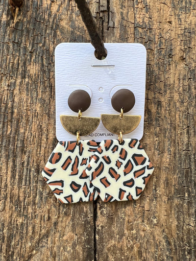 Leopard Hexagon Half Moon Clay Earrings