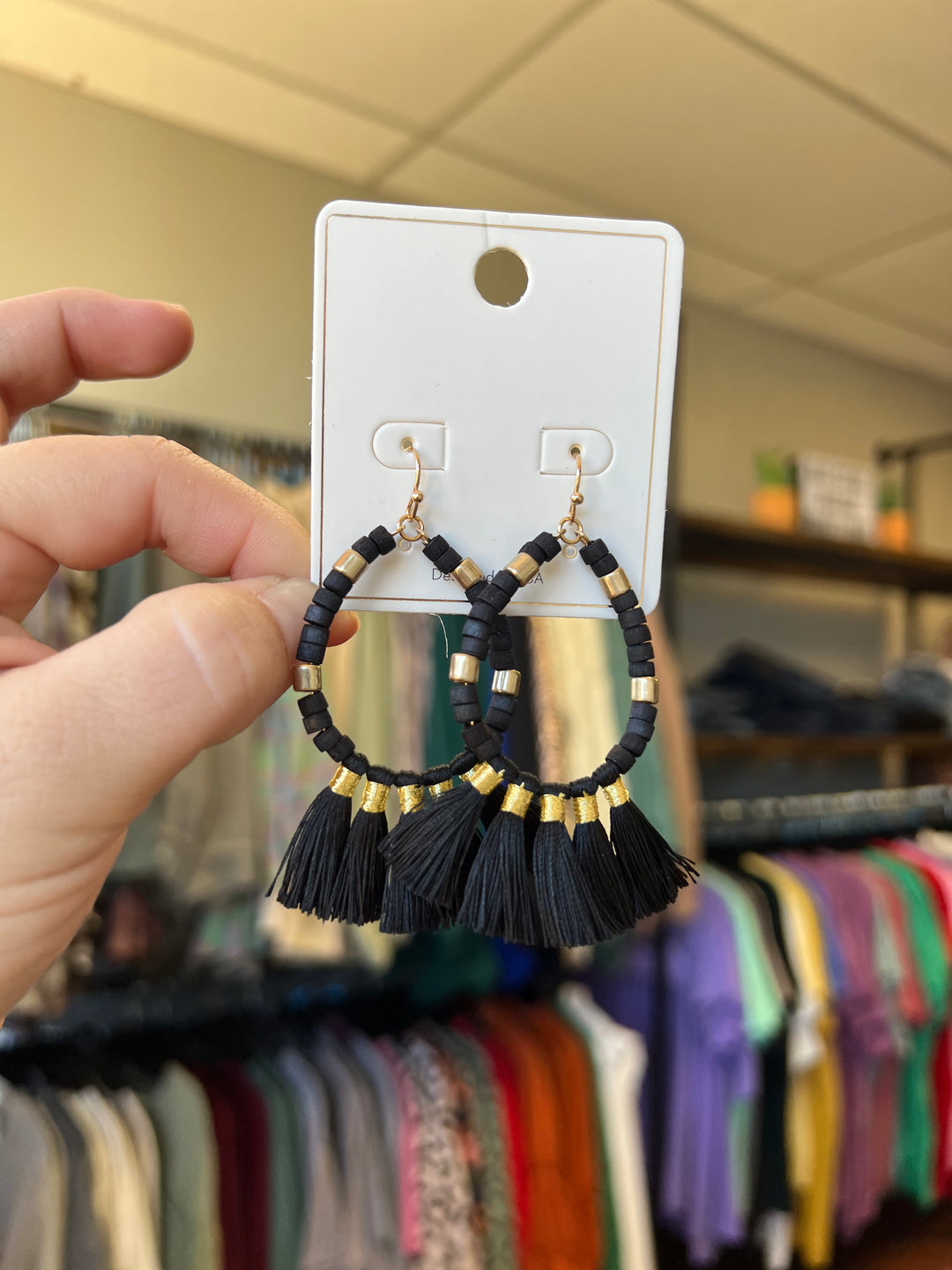 Wood Bead Teardrop & Tassel Earrings