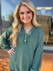 Green Waffle Top with Buttons