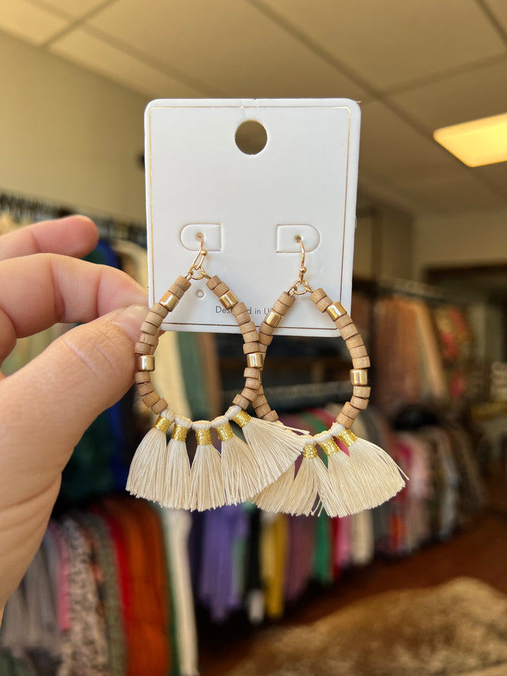 Wood Bead Teardrop & Tassel Earrings